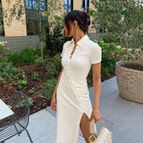 2020 New Button-down slit down dress Chinese style Qipao skirt dress casual short sleeve dress white in stock