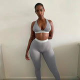 X01239C fitness sporty women tracksuit sleeveless v-enck tank stretchy leggings ribbed bra two piece set solid streetwear outfit