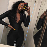 Black Sexy Bodycon Jumpsuit Romper Long Sleeve Bodysuit Women Zipper V Neck Jumpsuit Elegant Full Length Polyester