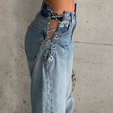 X00703S Hollow-out sexy side chain with high-waisted jeans for women versatile slim straight pants