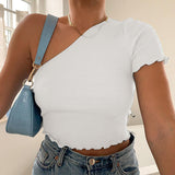 X00949C One Shoulder Ruffles Fashion Summer Crop Tops Slim Sexy Backless Tanks Top Tee Shirts Cropped Solid Streetwear