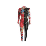 Phoenix Sexy jumpsuit stand collar and color tights Printed mesh woven tape spliced jumpsuit