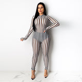 2020 mesh perspective color striped jumpsuit