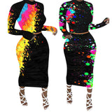 X00504M Women's long-sleeve dress graffiti print two-piece long-sleeve dress suit