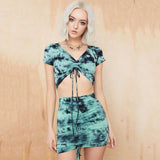 Summer Tie Dye Printed Suit Top Ruched High Waist Sexy Mini Bag Hip Skirt Two Set Women Clothing