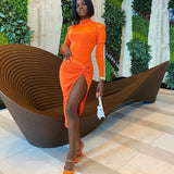 Wrap Side Split Bodycon Midi Dresses Long Sleeve for Women Fall 2020 Clothing Solid Night Partywear Skinny Dress Autumn