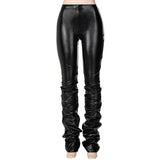 X00952M 2021 New style solid-color high-waisted slimming pants pile leather pants stacked black pants in stock