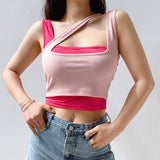 X00198M 2021 new design women's crop tops sexy irregular hollow out shoulder strap short casual not really two two pieces