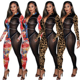 Phoenix Sexy jumpsuit stand collar and color tights Printed mesh woven tape spliced jumpsuit