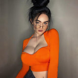 X01114M Hot style Sexy long sleeve crop tops Casual solid color T-shirt V-neck women's tops in stock