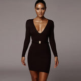 new 2021 fashion women's sexy V-neck knit long sleeve skirt slim waistband and hip-hugging dress