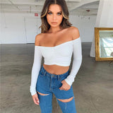 X00437C Sexy T Shirt Women Long Sleeve Spring Summer Off Shoulder Crop Tops Black Red Tshirt Top Streetwear 2019