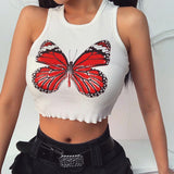 X00330S 2021 new short style slim crop top short sleeves round neck and butterfly print T-shir