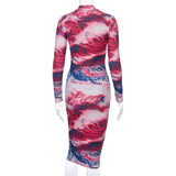 2020 print tie dye long sleeve colorful sexy midi dress women bodycon party streetwear outfits