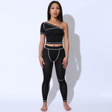 Fitness sport women two piece set one shoulder top leggings striped patchwork 2 pcs black tracksuits