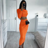 X01118M 2021 Autumn fashion casual suit for women long-sleeved tops and high-waisted skirt Solid color two pieces suit