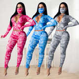 X00813M Phoenix long sleeve button sexy casual two-piece Tuck tie-dye leisure sports two - piece set