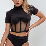 X00422S 2021 Small turtleneck pit net Mosaic slim sexy crop top