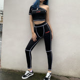 Women sport two piece set outfits sports fitness one shoulder top leggings matching sets fashion 2 pcs tracksuits