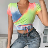 X00496S Summer New Fashion Tie Dye Printed CropTops Women Slim Short Crop Tops Casual Knitted Camis Streetwear Clothes