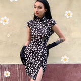 Chinese style short cheongsam 2021 summer Sexy floral dresses Slim high-waisted throwback slit skirt