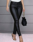 X01926C Solid Women Faux Leather Pant Side Slit Pencil Trousers Streetwear Elegant High Waist Office Lady Vintage Leisure Pants