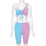 X01259C 2021 tracksuit women one shoulder fitness two piece set purple blue patchwork crop top biker shorts skinny casual