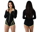 Neon Striped Patchwork Mesh Bodycon Jumpsuit Women Sexy Zipper Long Sleeve Biker Shorts Romper Night Club Playsuit