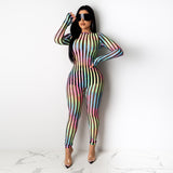 2020 mesh perspective color striped jumpsuit