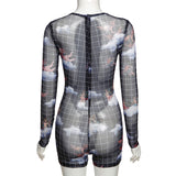 Phoenix Mesh Hot Sexy Angel Plaid Print Rompers Women Hollow Out Long Sleeve Club Partywear Bodycon Playsuits Fashion