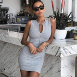 solid black/gray zipper mini bodycon dress for women o-neck sleeveless skinny summer fashion streetwear female dresses