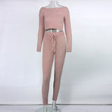 X01095M Casual long sleeve crop navel tops trousers two piece set Solid color woollen knitted suit in stock