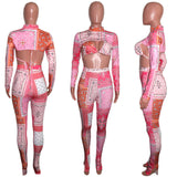 2020 Hot style sexy hollowed-out print long sleeve blouse bikini pants three-piece set plus size in stock