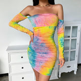 2020 Autumn New tie-dye sexy women dress+Pleated skirt with long sleeves and shoulders