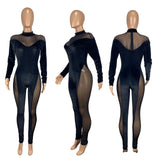 Mesh Velvet Patchwork Skinny Rompers Womens Jumpsuit Hot Sexy See Through Midnight Club Bodycon Wild Bodystocking Black