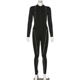 women skinny long rompers jumpsuit zipper turtleneck good elastic bodysuit new fashion reflective patchwork