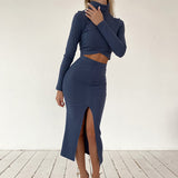 X00581V New 2021 autumn/winter high-necked long-sleeved T-shirt high-waist hip-slit skirt casual suit