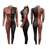 Phoenix Sexy jumpsuit stand collar and color tights Printed mesh woven tape spliced jumpsuit