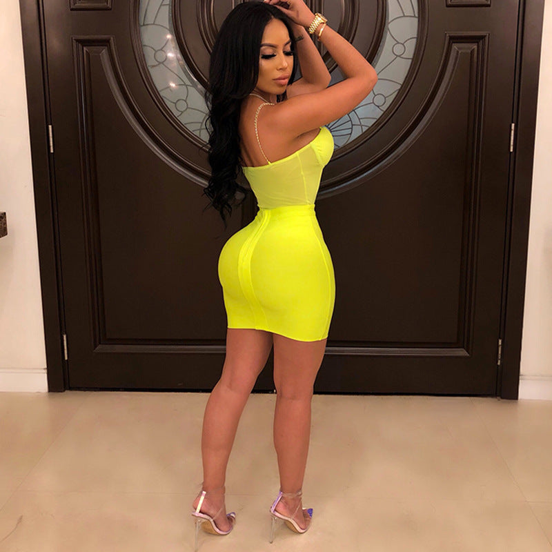Sexy Sheer Mesh Chain Spaghetti Straps Dress Two Piece Set Women Sleeveless Bodycon Mini Night Club Party Dress Vestidos