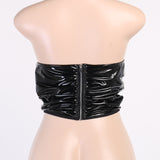 X02114C PU Black Patent Boned Corset Crop Tops for Women Sleeveless Backless Club Party Ruched Sexy Strapless Top Cropped