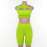 Sexy Short Two Piece Set Women One Shoulder Neon Crop Top And Biker Shorts Bodycon Matching Sets Summer