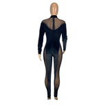 Mesh Velvet Patchwork Skinny Rompers Womens Jumpsuit Hot Sexy See Through Midnight Club Bodycon Wild Bodystocking Black