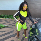 Casual Neon Women Two Piece Sets Fashion Reflective Active Wear Tracksuit Bodysuit And Biker Shorts Matching Set Sport