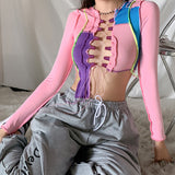 X00595V 2021 Autumn/winter contrast color lacing hollowed-out sexy short slimming long sleeve T-shirt