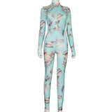 Phoenix Marine print back open zipper retractable body long sleeve girdle foot jumpsuit trousers