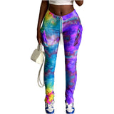 X01630C Phoenix Tie Dye Print Drawstring Side Pockets Stacked Pants Women Bottom Ribbed Knitted Colorful Stretchy Autumn Casual