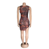 Mini Dress Print Sleeveless O-neck Elastic Skinny Above Knee Length Dresses