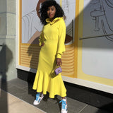 2020 Hot Trim waist and thicken hoodie fishtail dress Casual yellow long sleeve dress plus size in stock