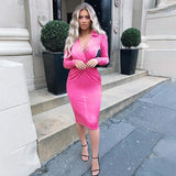 Elegant Fashion Pink Women's Midi Dresses Bodycon Party Club Outfits Long Sleeve Fall Ruched Wrap Dress Clothes