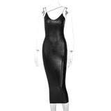 Phoenix autumn Tight slim dresses Hot style irregular neckline Sexy leather halter dress V-neck slim slit MIDI dresses